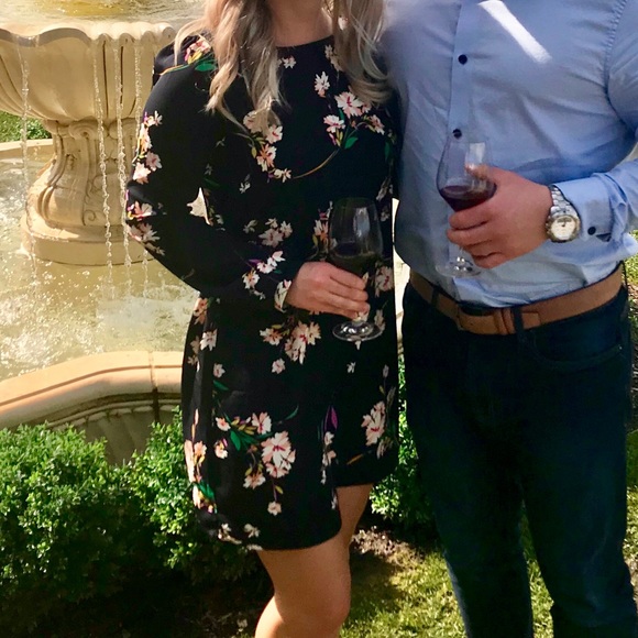 Lulus long sleeve mini dress, navy blue with floral pattern - Picture 1 of 4